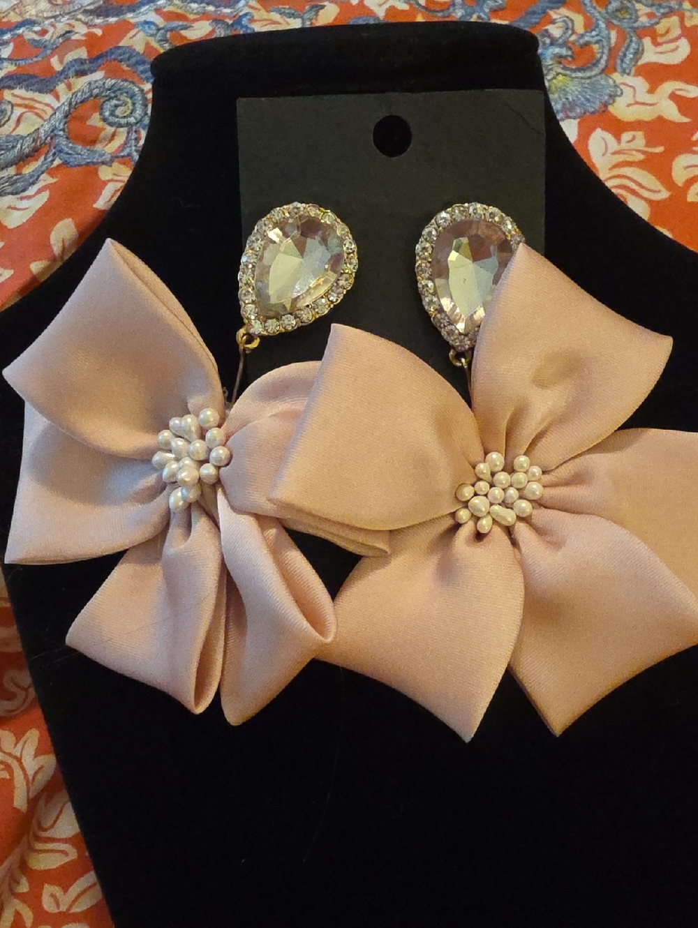 Elegant Pink Floral Bow Drop Earrings with Crystal Studs